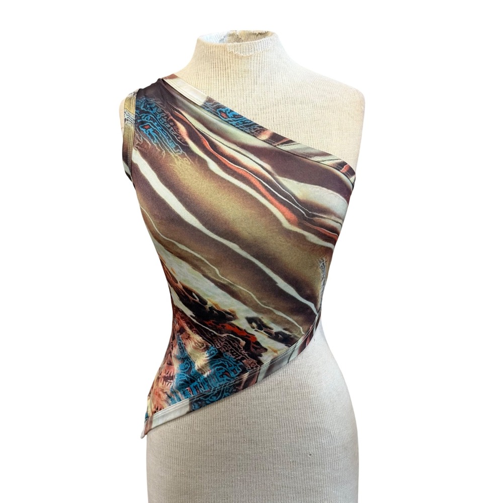 One Shoulder Asymmetrical Top Abstract Print Y2k fairycore Medium
